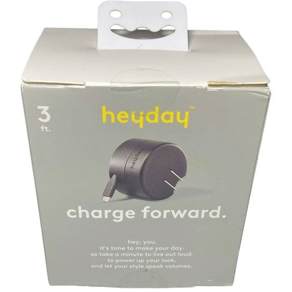 Heyday Wall Charger Retractable 3ft USB-C Cable Fast Charge Phone Tablet Black - Picture 2 of 8